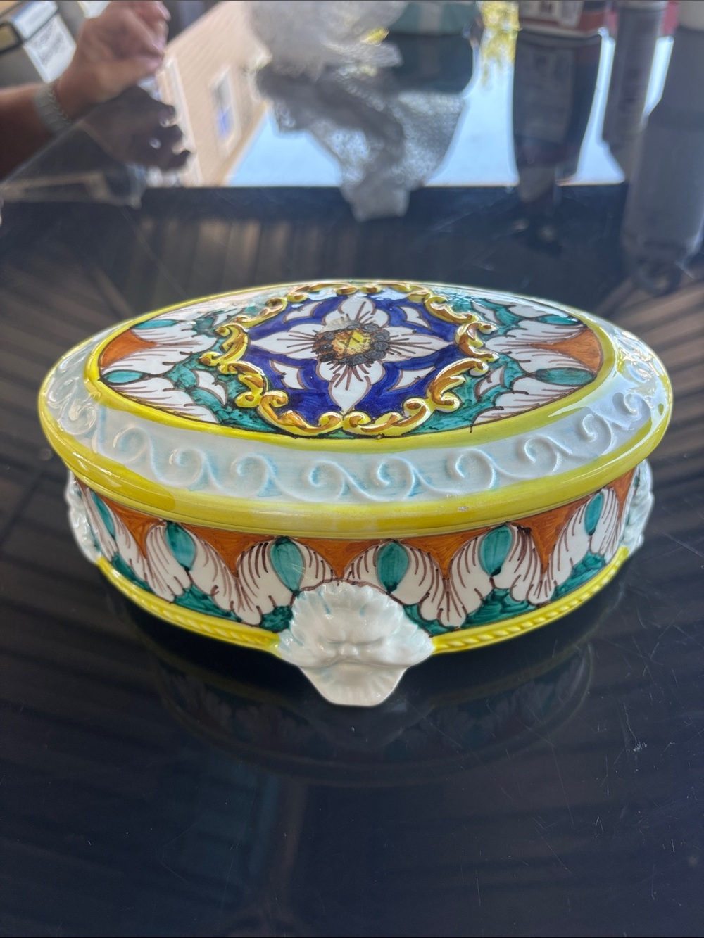 Hand-Painted Floral Ceramic Jewelry Box in Yellow and Teal